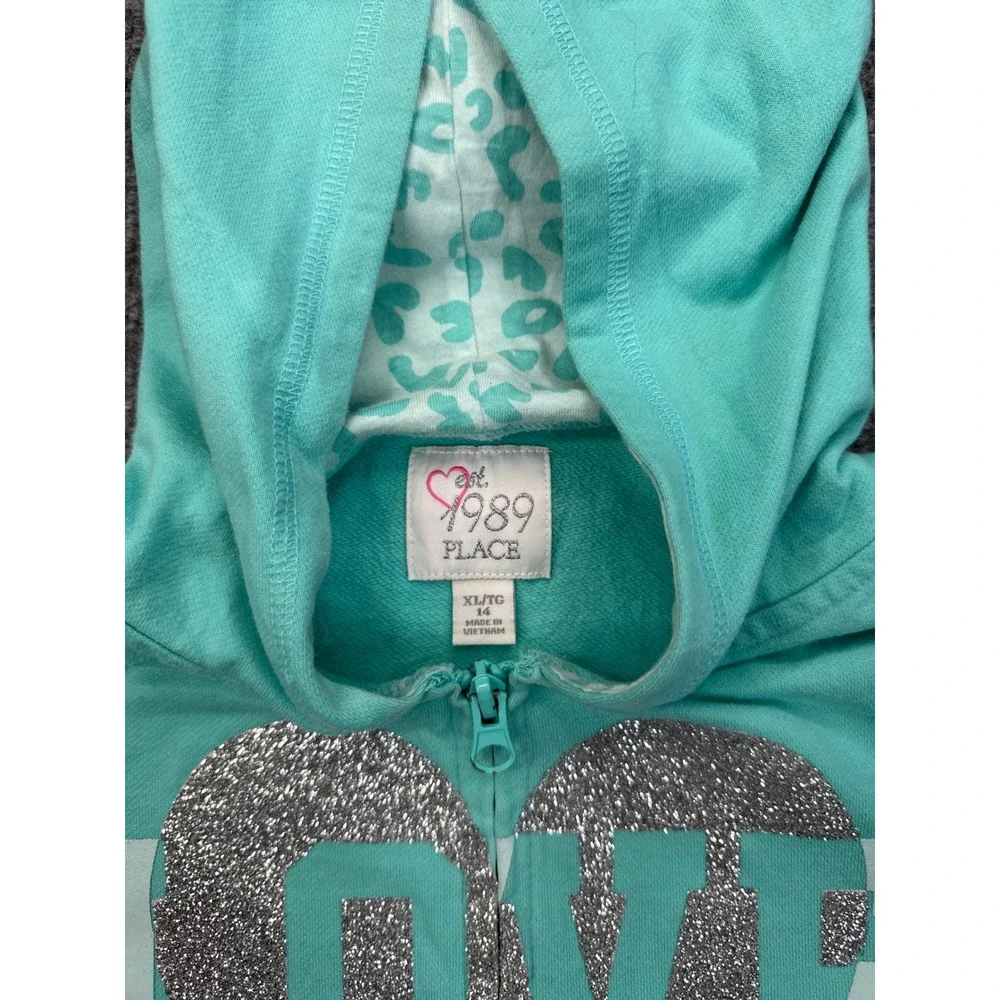 The Children's Place Girls XL 14 Teal Blue LOVE Glitter Zip Up Hoodie Sweatshirt